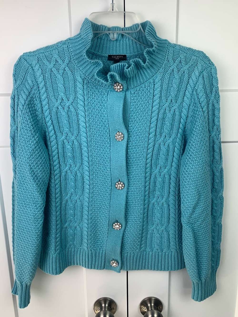 Talbots MP Blue Cable Knit Mock Jewel Button Cardigan Sweater preppy coquette